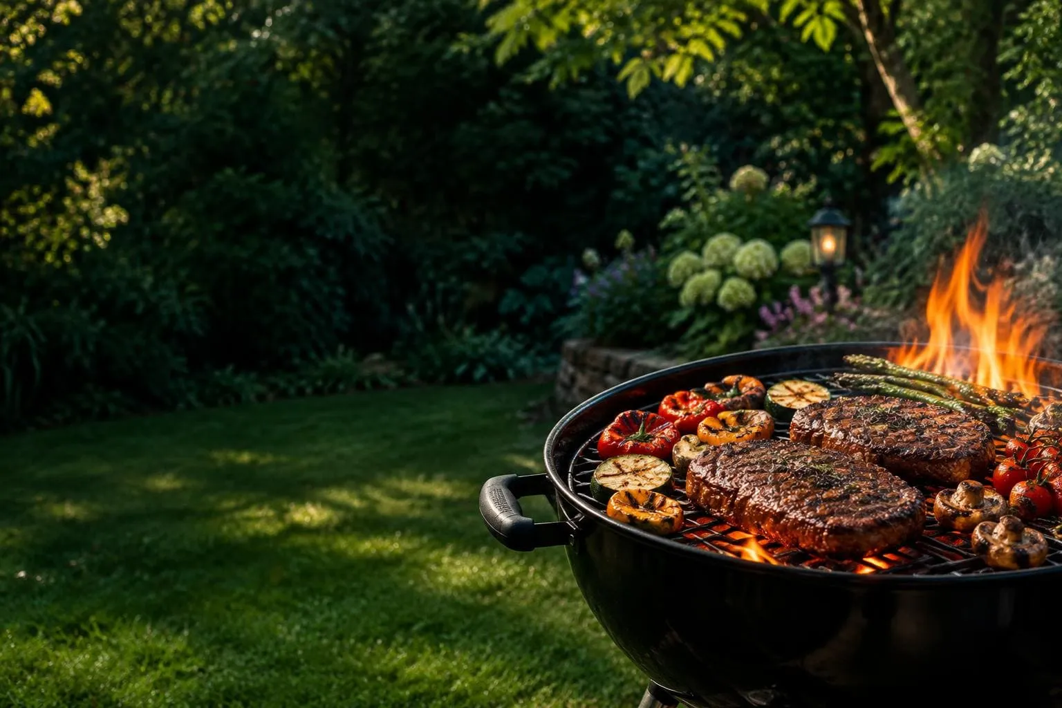 Steaks and vegetables cooking over charcoal in a leafy backyard