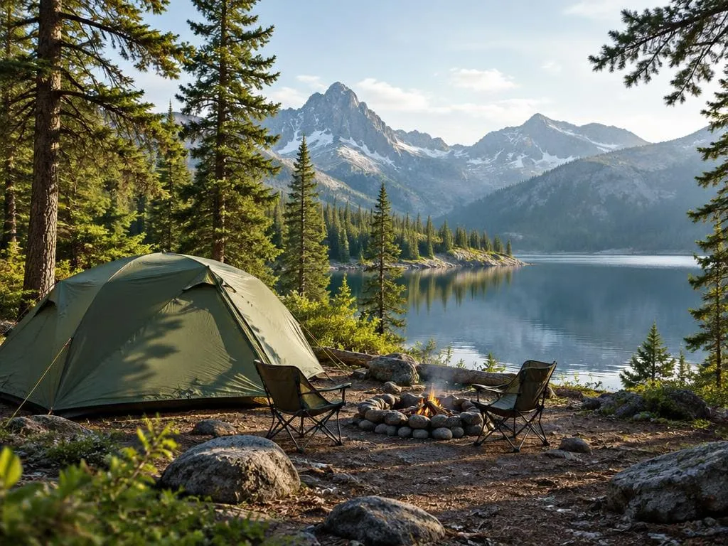 Tent beside a mountain lake